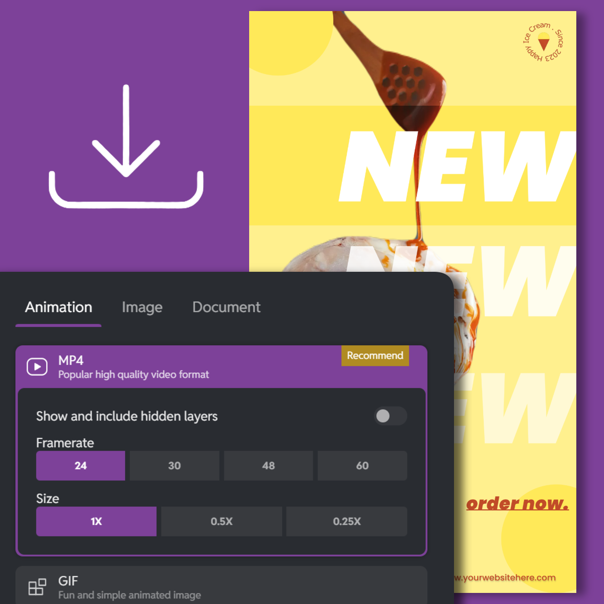 A Pixlr Designer export screen shows animation settings over a vibrant ice cream ad with caramel drizzle and bold NEW text on a yellow background.